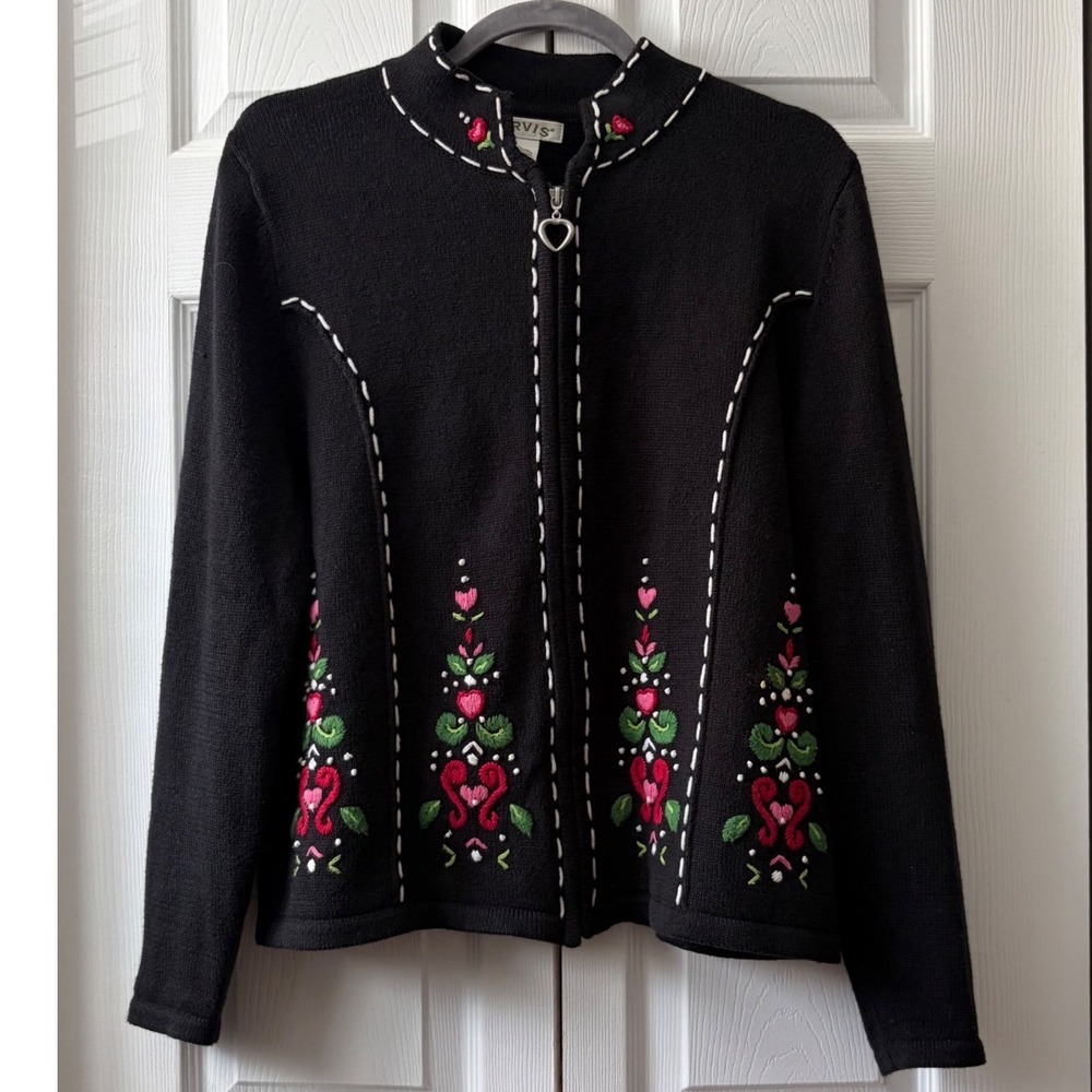 Orvis Womens Black Floral Heart Embroidered Zip Up Cardigan Sweater Mock Neck L